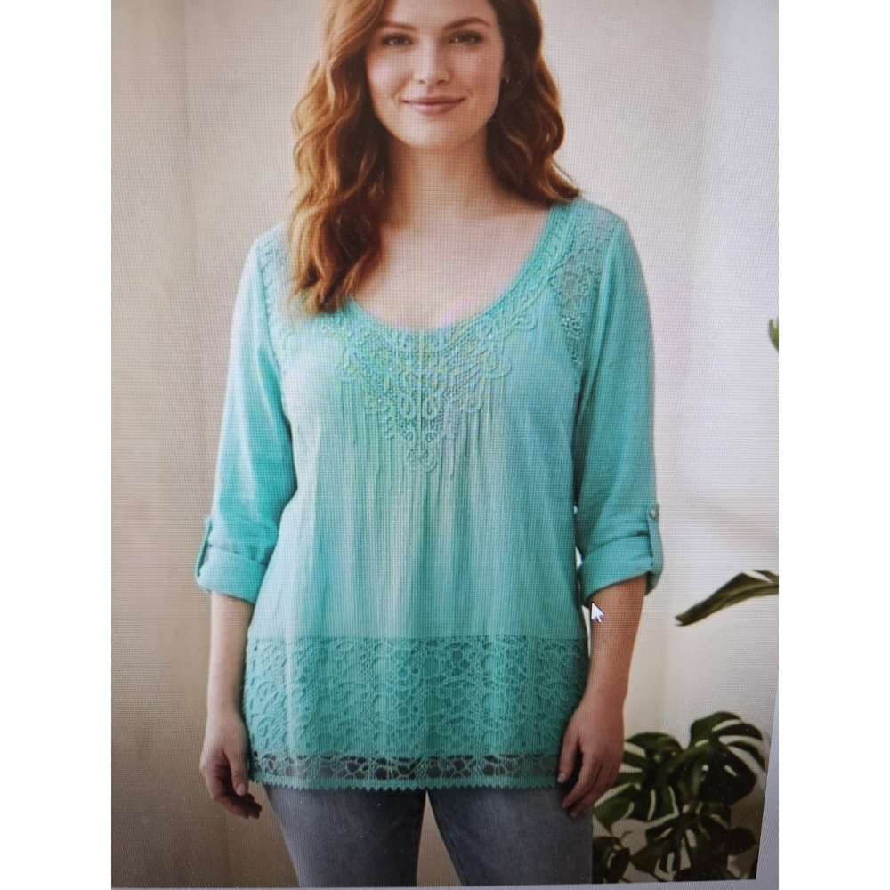 NWT Reba Turquoise 3/4 Sleeves Roll-Tab Rhinestones Lace Top Blouse, 1X